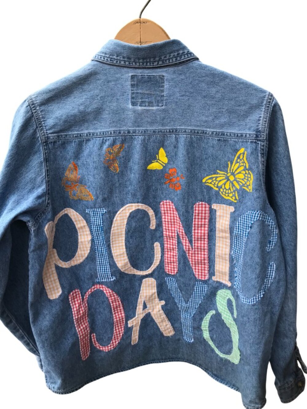 Patchwork Denim Shirt Upcycled Lightweight Button-Down Picnic Theme Size M - L